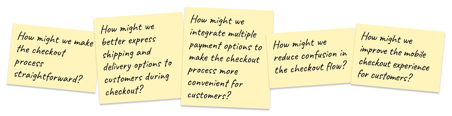 Five How Might We questions on sticky notes about simplifying checkout, shipping, payment options, confusion and the mobile experience