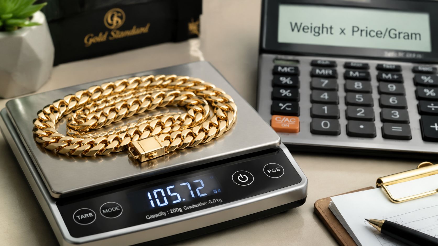 A heavy solid gold cuban chain resting on a digital weighing scale next to a calculator.