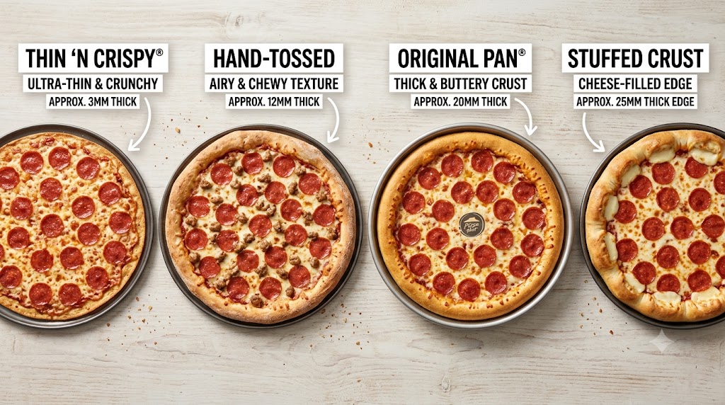 An overhead, side-by-side comparison of four labeled Pizza Hut pizza crusts on a light wood background: Thin 'N Crispy (3mm), Hand-Tossed (12mm), Original Pan (20mm), and Stuffed Crust (25mm with a cheese-filled edge), all topped with pepperoni and cheese.