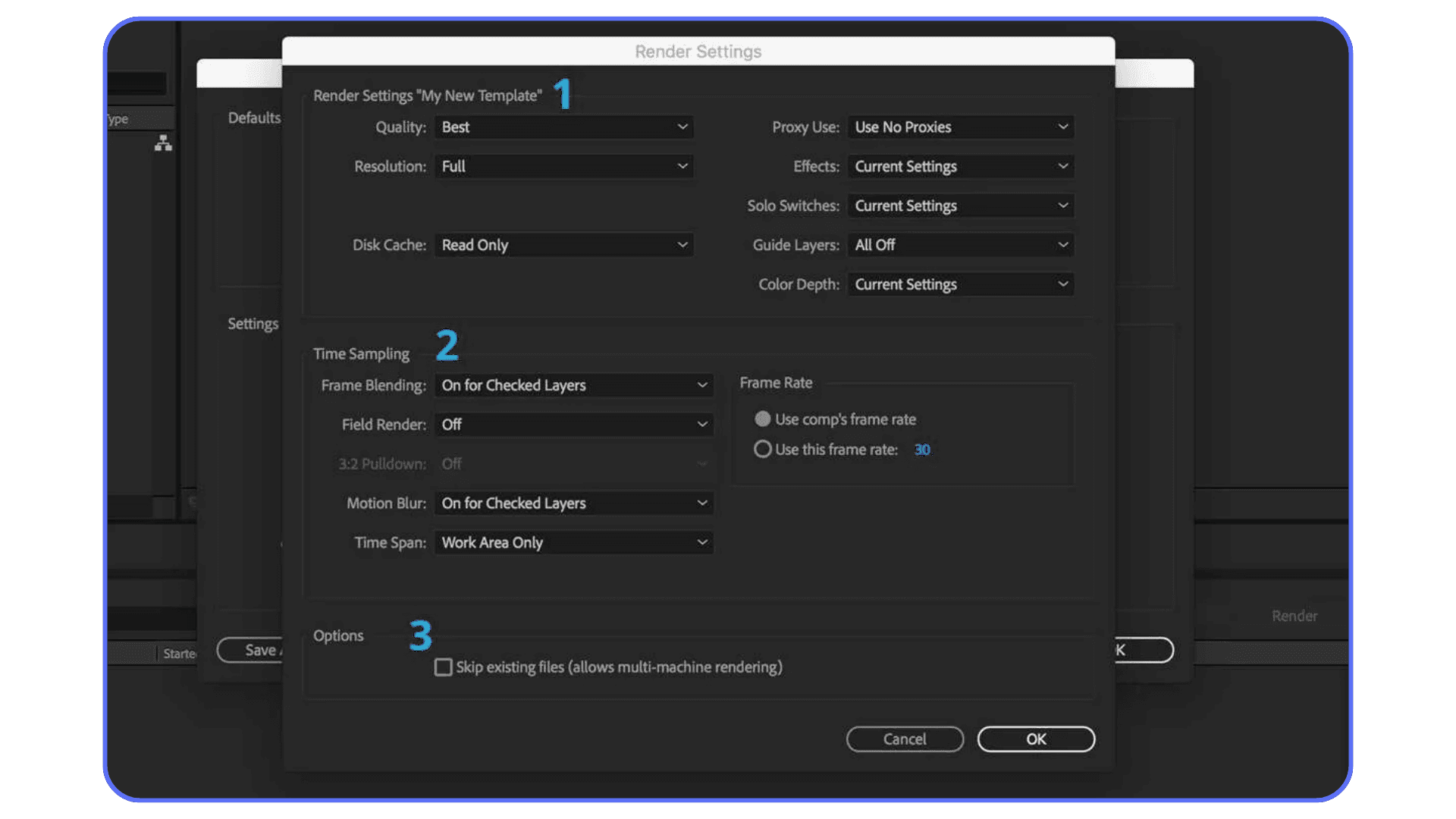 After Effects render settings panel configured for full resolution, best quality, and motion blur
