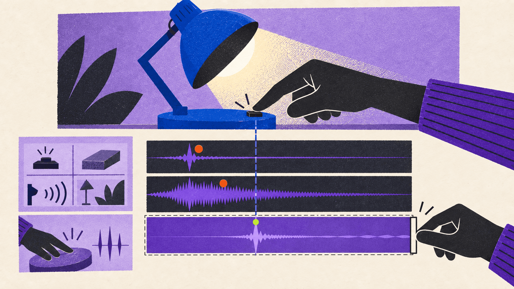 Several sound-effect waveforms are compared beneath a desk-lamp switch, with one mechanical click aligned to the exact moment of movement.