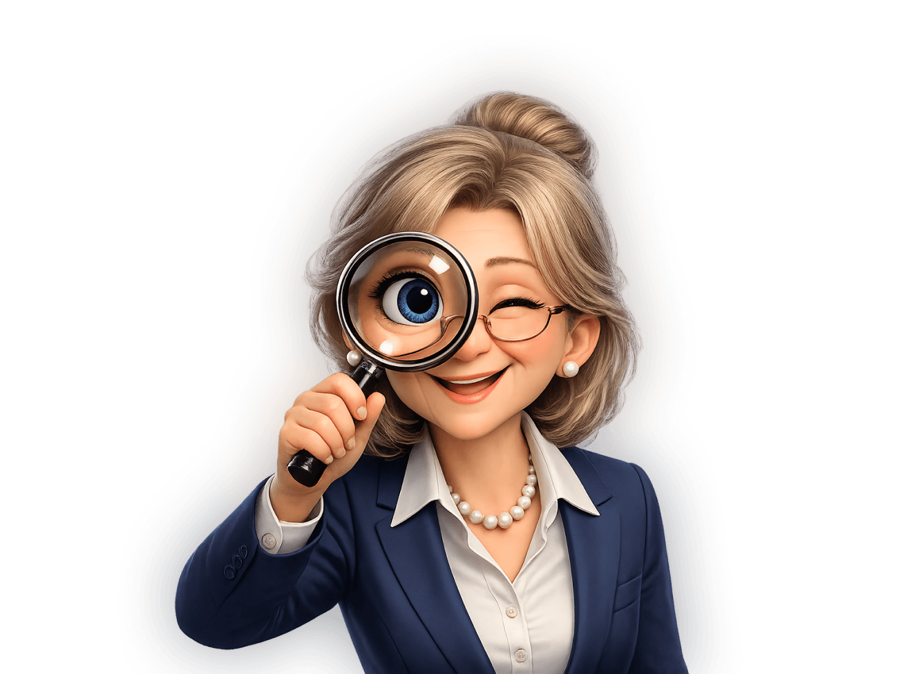 Illustration of a smiling businesswoman with gray hair in a bun, wearing glasses, a navy blazer, and a pearl necklace, holding a magnifying glass up to one eye, which appears enlarged.
