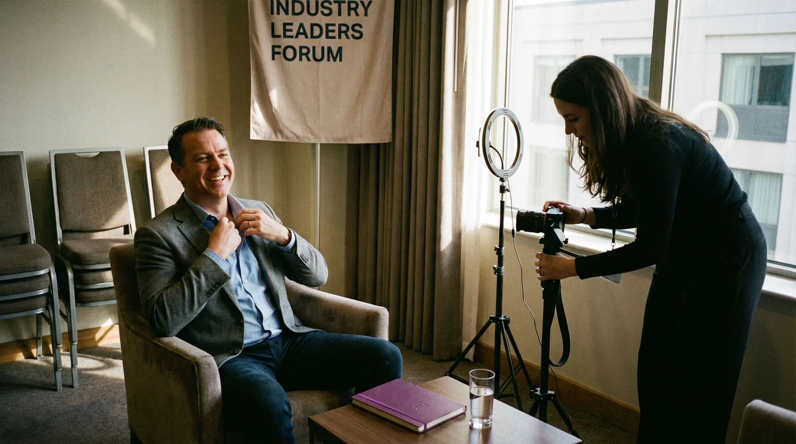 Two professionals in a pre-interview setup at a conference, camera operator adjusting equipment, warm collaborative energy