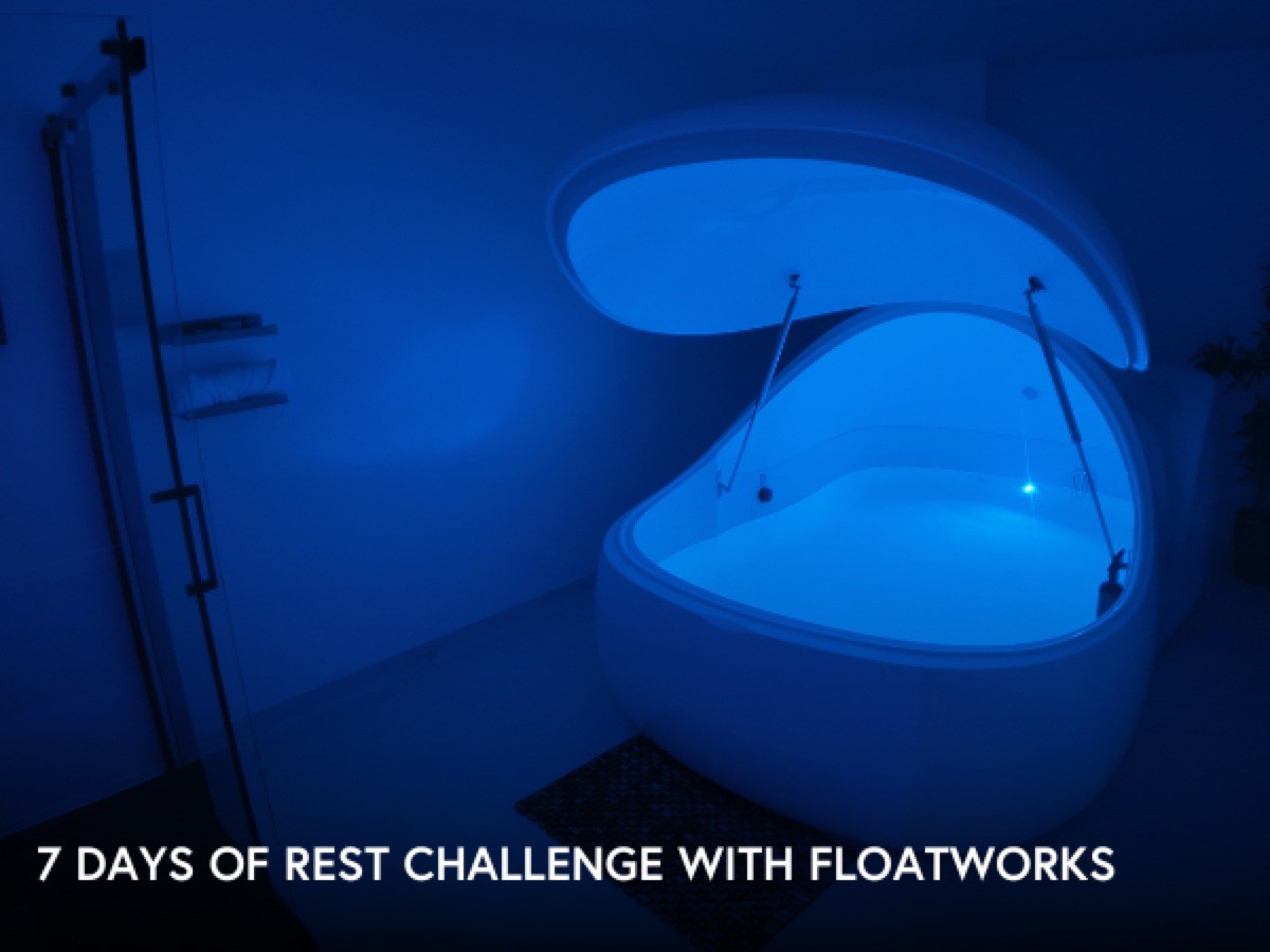 An open float pod glowing blue, the banner for the Floatworks 7 Days of Rest challenge