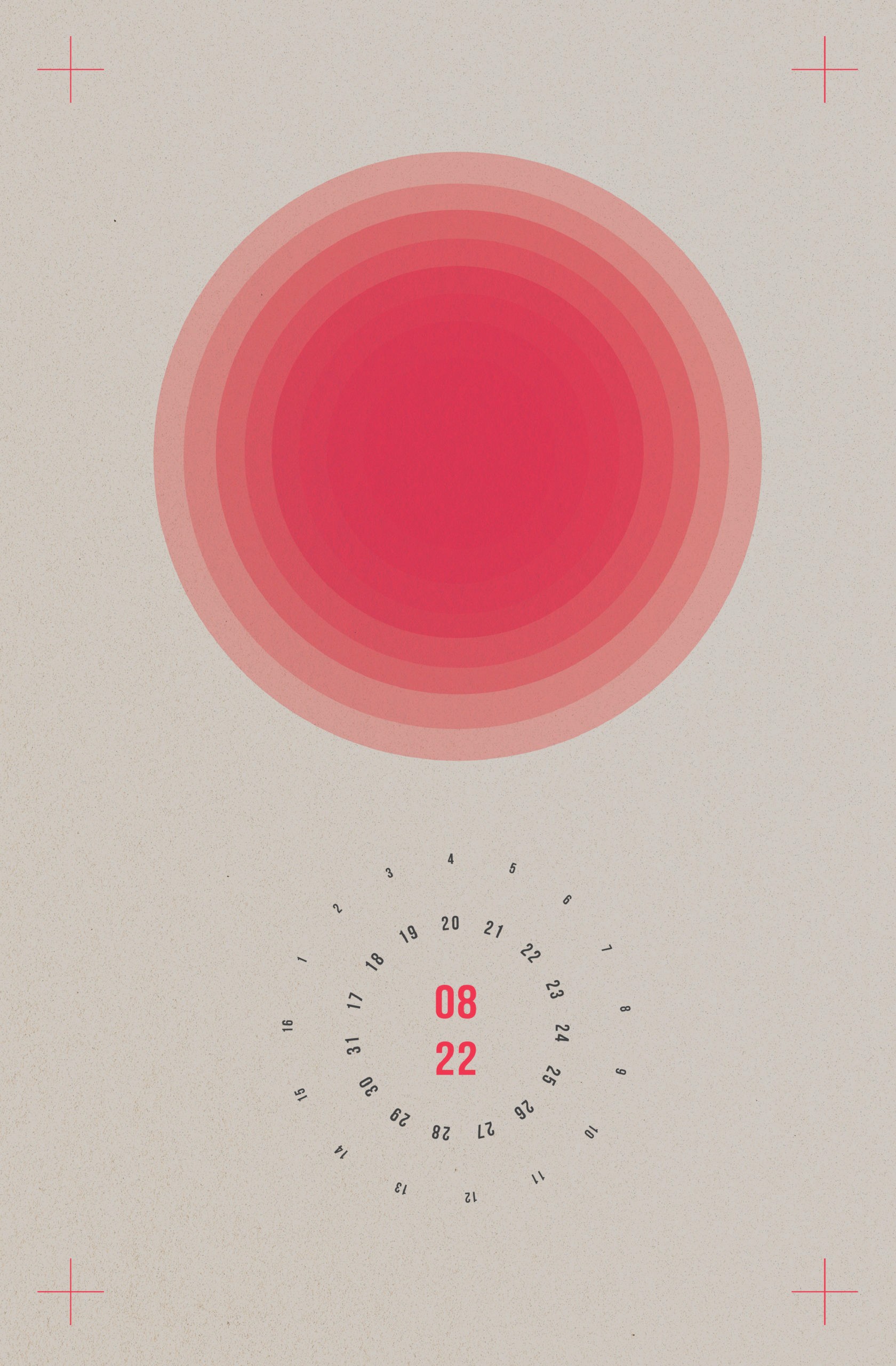 August 2022 month illustration with red circles within each other on the top half and other two circles within each other formed with the month's dates. On the dates of the month, circles are written "08 22" in red