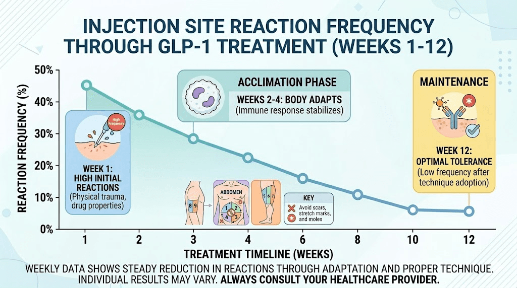 GLP-1 injection site reaction frequency timeline showing improvement over weeks