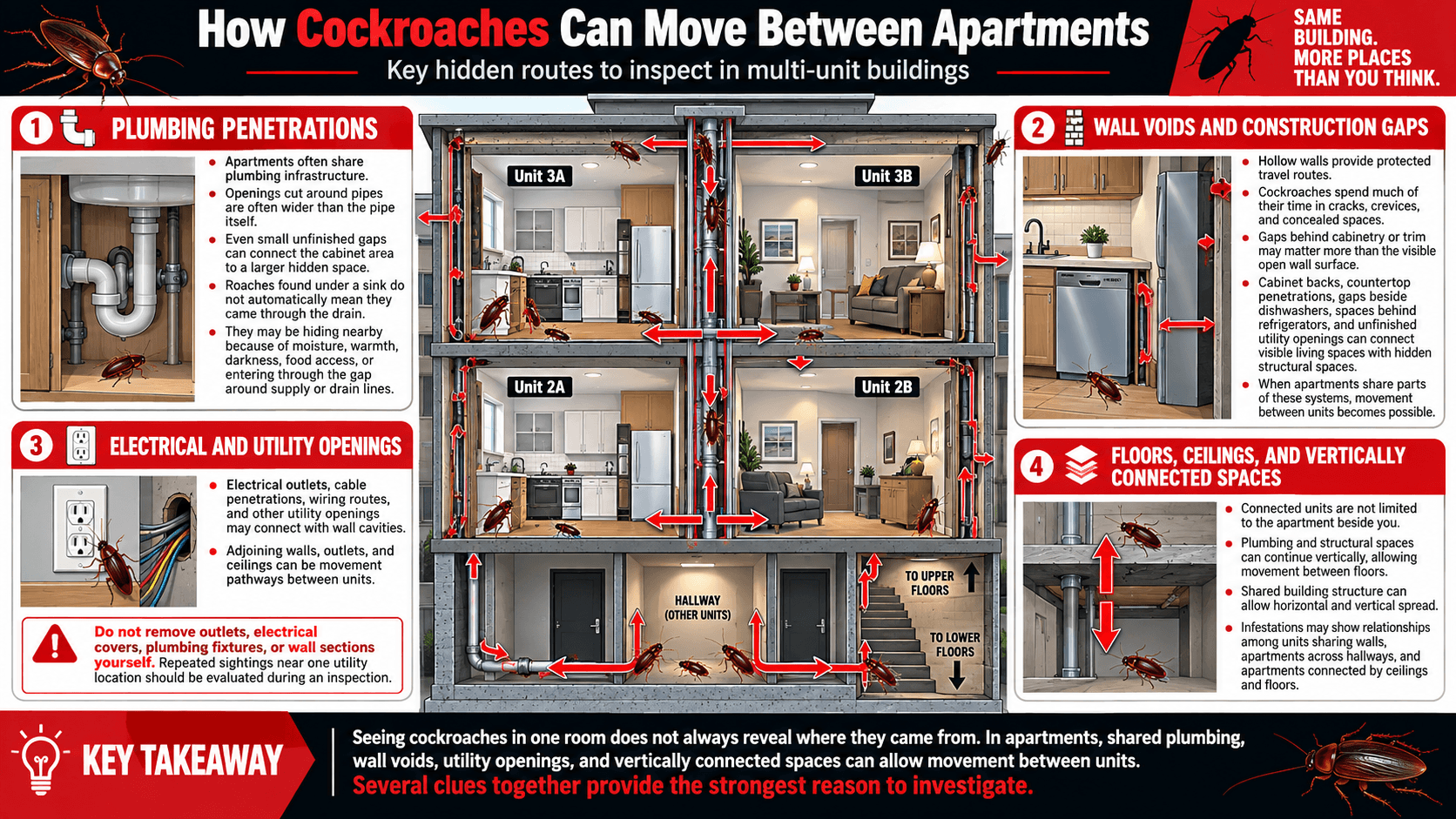 main routes cockroaches can use between apartment units