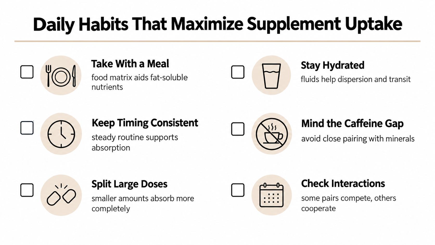 A checklist infographic illustrating six daily habits to optimize nutrient and supplement absorption for better health.
