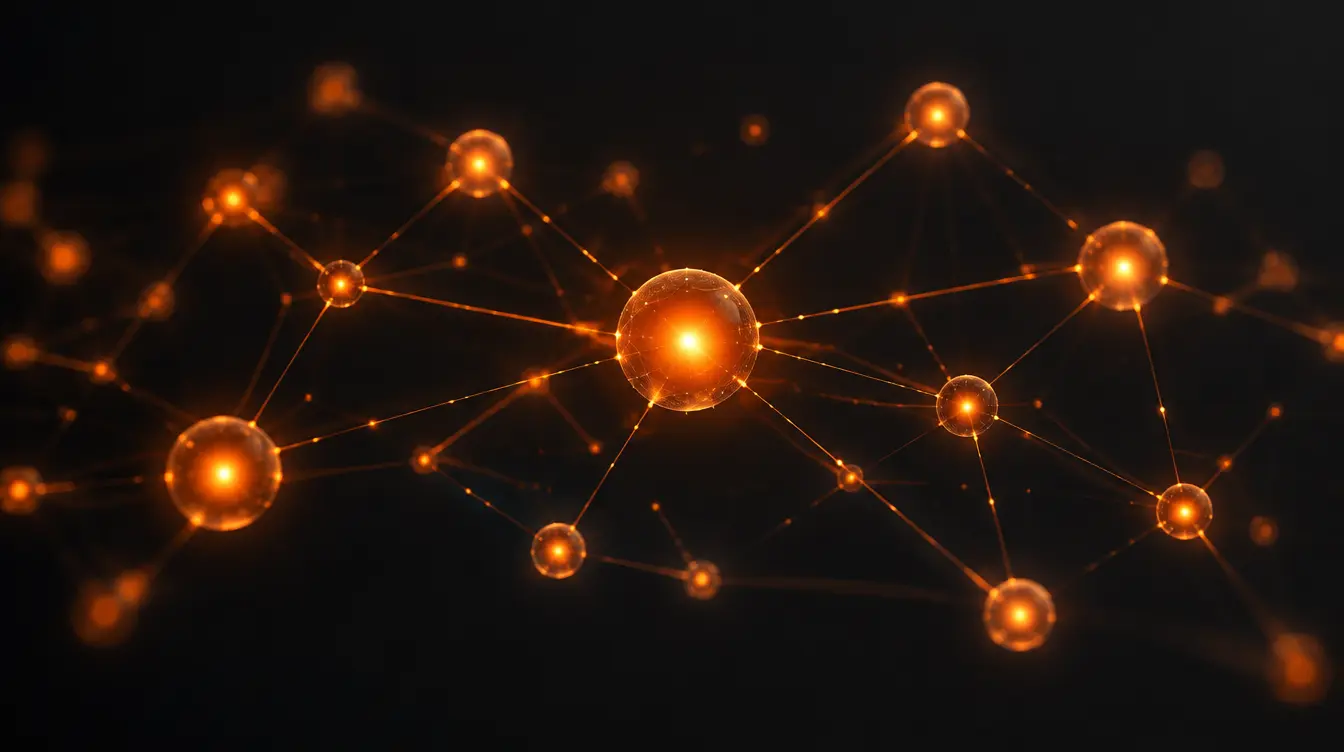 Glowing orange neural network nodes, representing AI agents