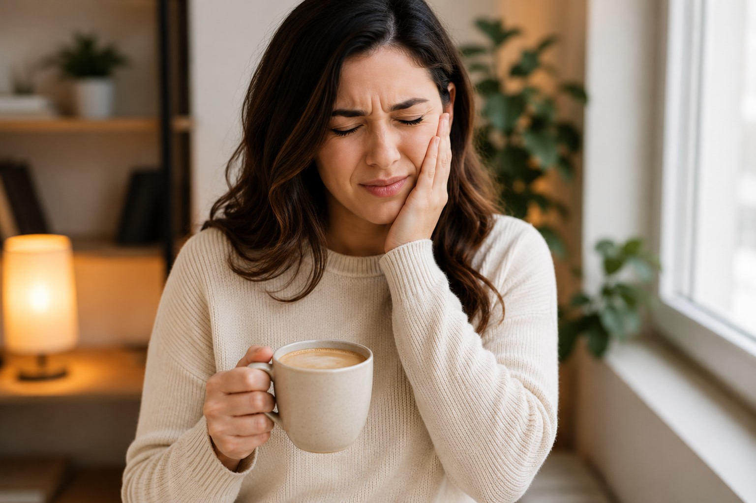 Woman experiencing sensitive teeth while drinking coffee, a common trigger in Dubai