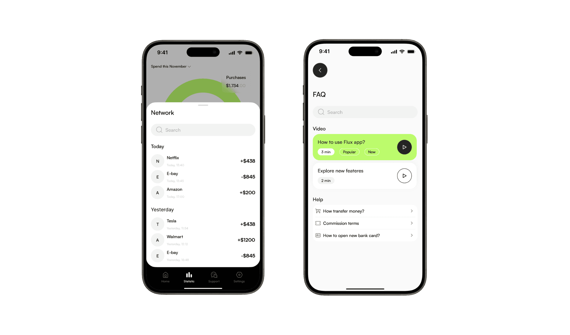Transactions, help center, and account settings in one seamless flow.