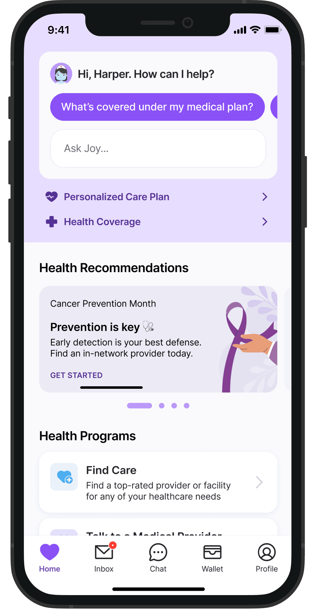 HealthJoy member app home screen showing Joy AI greeting a member named Harper with a suggested question about medical plan coverage, shortcuts to a Personalized Care Plan and Health Coverage, a Health Recommendations card for Cancer Prevention Month, and a Health Programs section starting with Find Care — with a bottom tab bar for Home, Inbox, Chat, Wallet, and Profile.