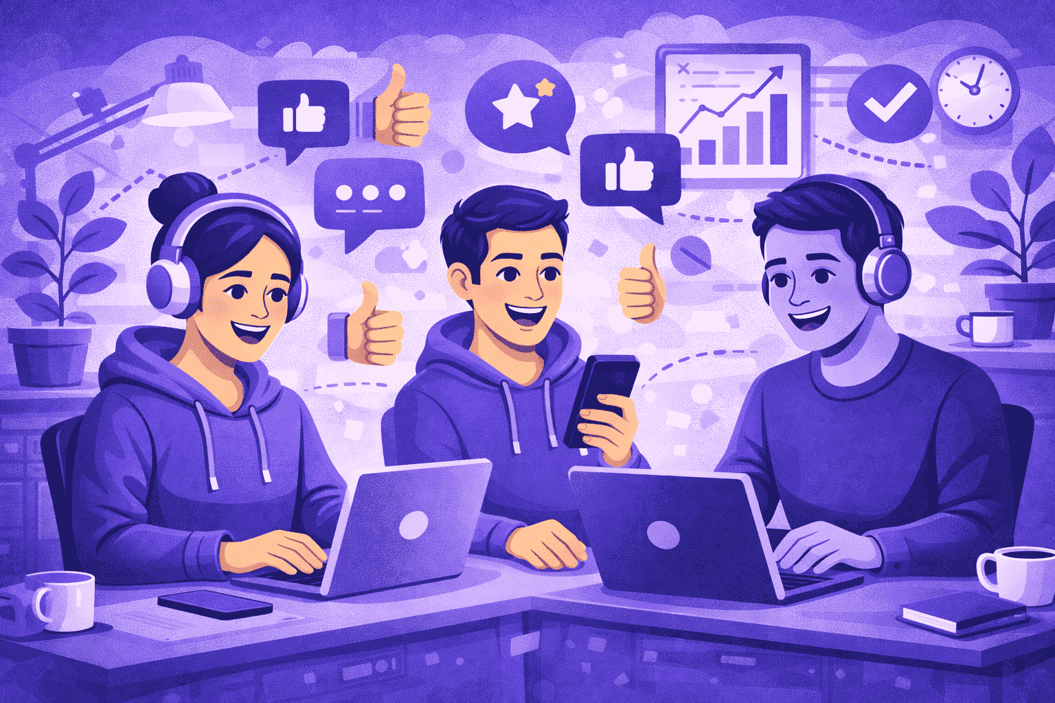 Young professionals working happily with headphones and mobile devices in a calm, supportive environment that encourages focus, feedback, and high performance