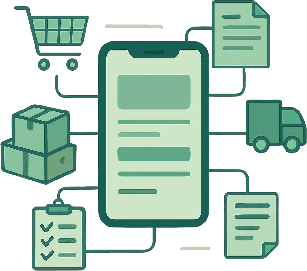 Mobil uygulama üzerinden sipariş, envanter ve kargo yönetimi illüstrasyonu