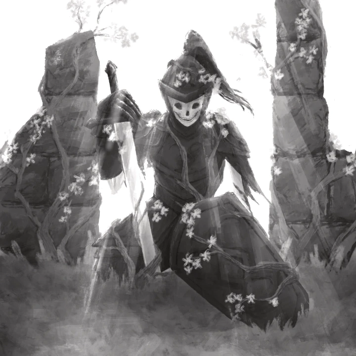 Greyscale painting of a kneeling skeleton still wearing his knight's armour and holding his sword, covered in beautiful flowers
