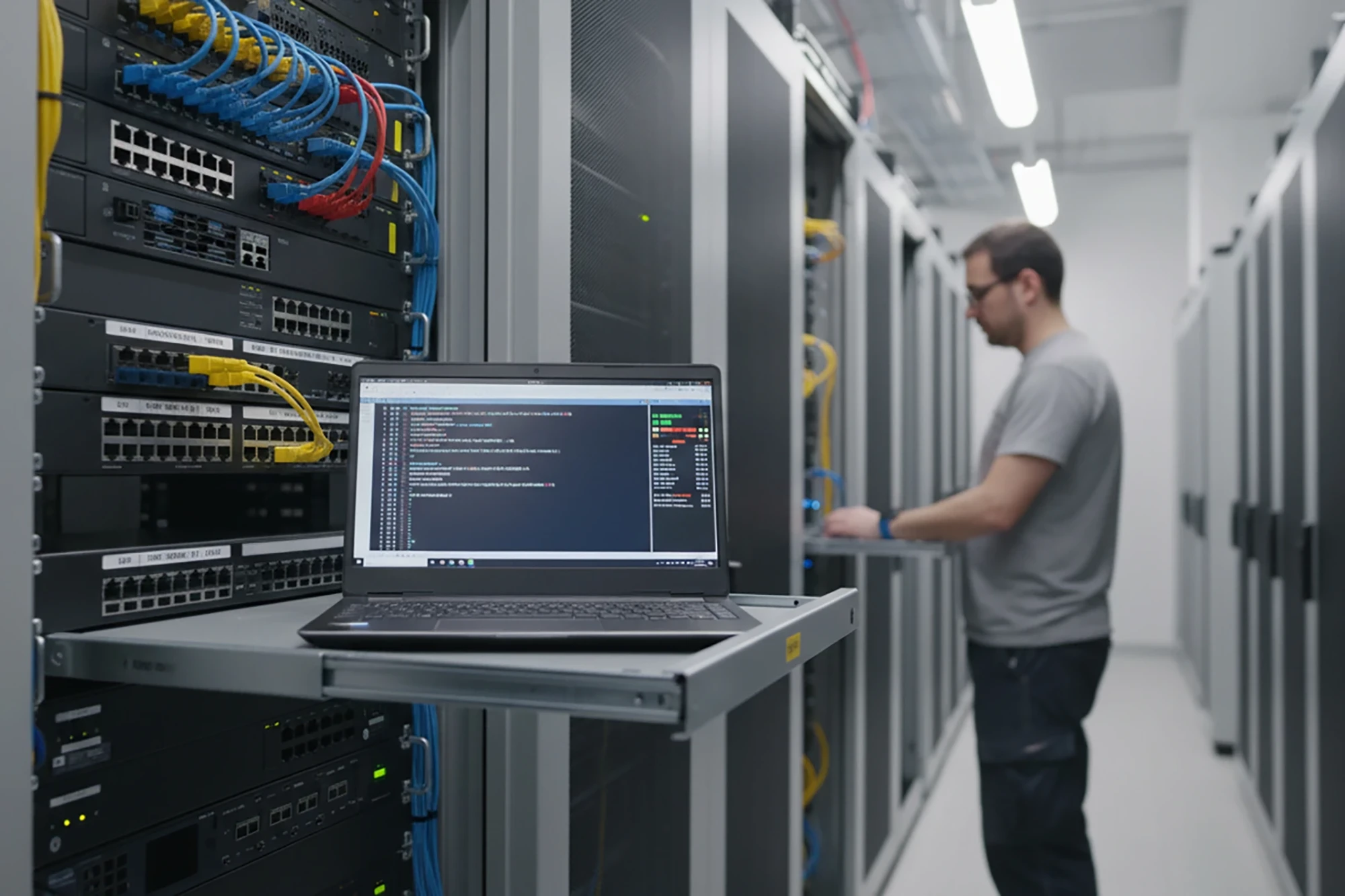 Techniker arbeitet im Serverraum an Laptop vor Rackservern