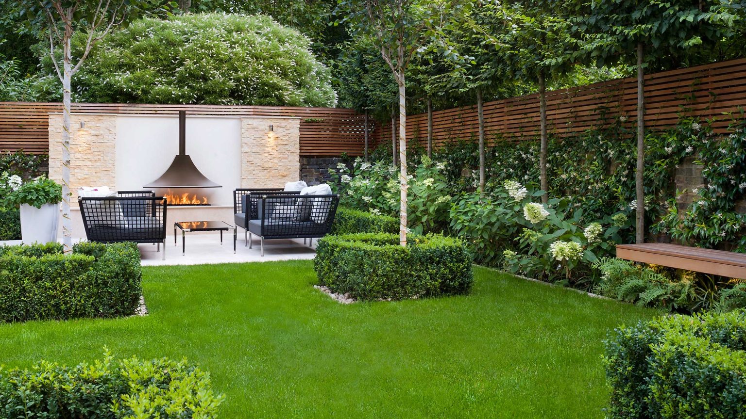 backyard landscaping with fireplace manicured lawn and outdoor seating