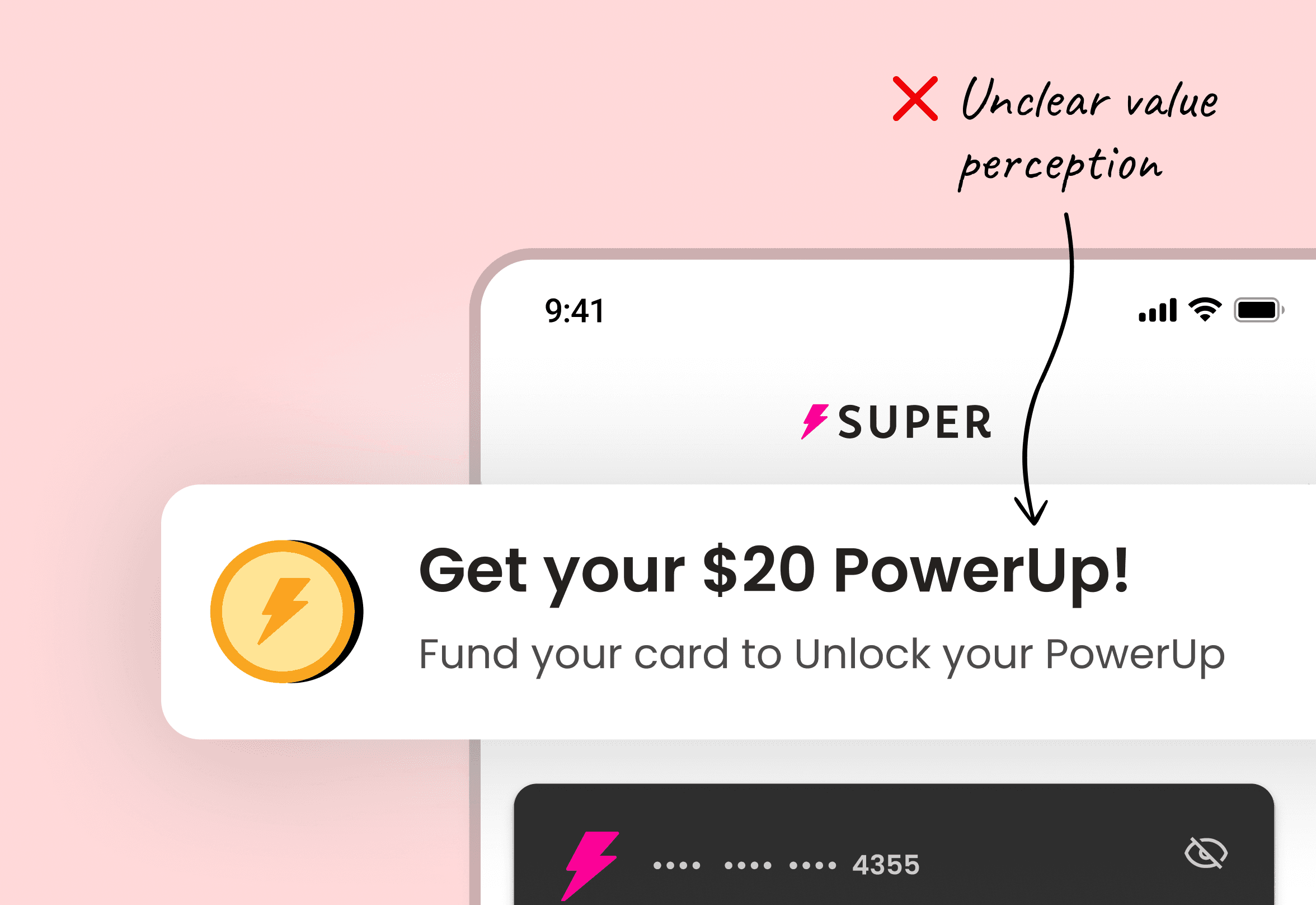 UI mockup of Super.com’s PowerUp prompt reading ‘Get your $20 PowerUp!’ with a note on unclear value perception, illustrating user confusion about real versus symbolic rewards.