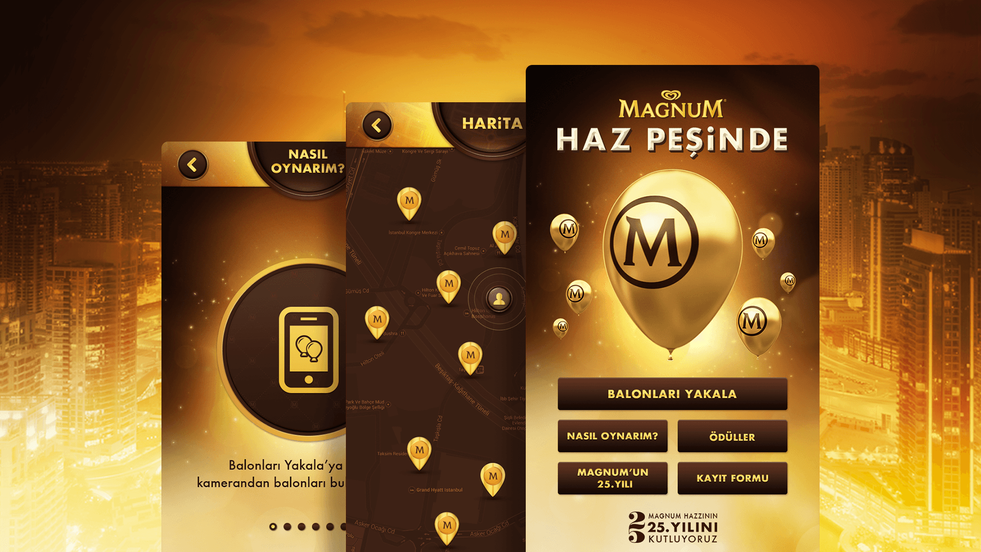 Magnum 25th anniversary mobile app with interactive event map and golden theme, highlighting premium user experience and brand celebration.