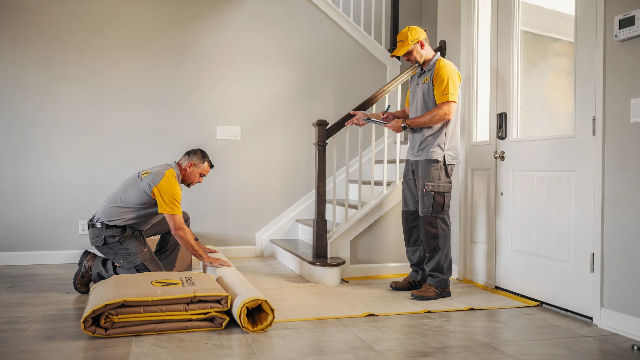 A mover conducts a pre-move walkthrough in a home entryway, noting tight corners and stair access while another crew member lays protective floor covering and positions moving blankets nearby.