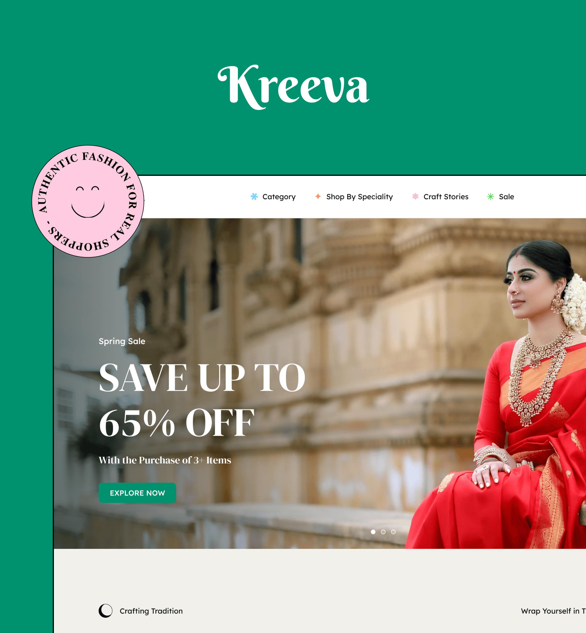 Kreeva website showcasing a fashion sale with up to 65% off on traditional clothing, featuring a woman in a red saree.