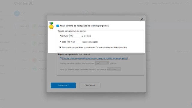 Tela de ativação do sistema de fidelização de clientes por pontos do sistema Nex, com configuração de regras para acúmulos de pontos em destaque