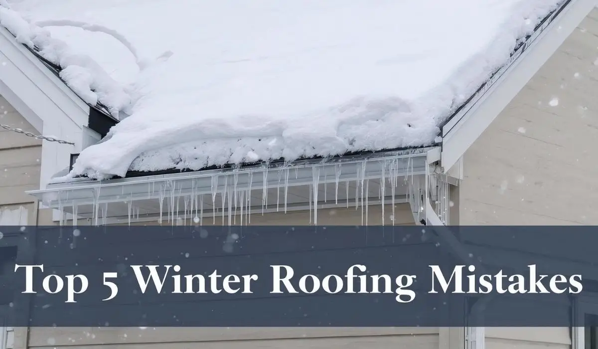 Snow-covered Naperville roof with ice dams and icicles, showing signs of common winter roof maintenance mistakes
