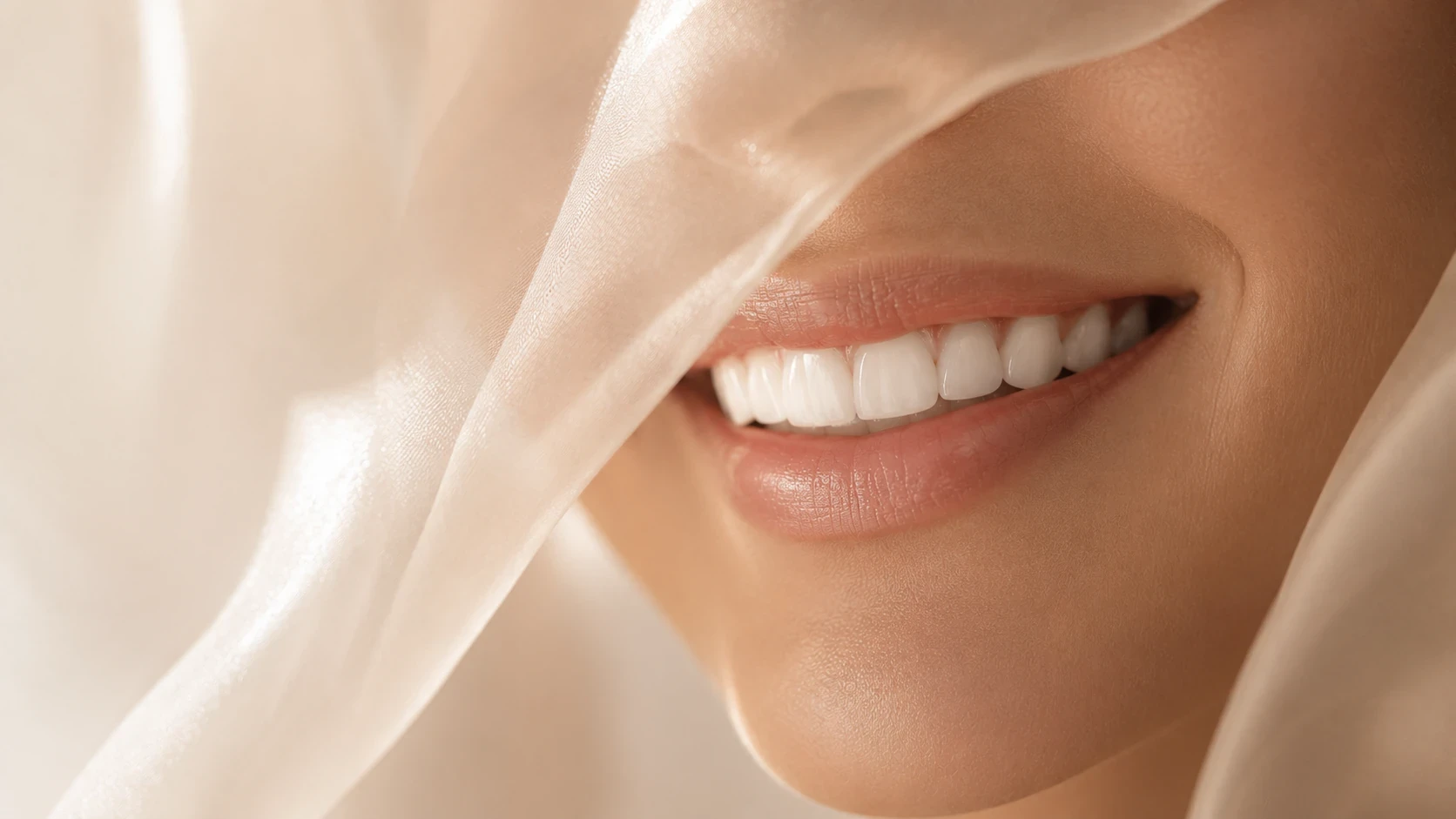 Close-up de sorriso feminino com véu translúcido sobre o rosto