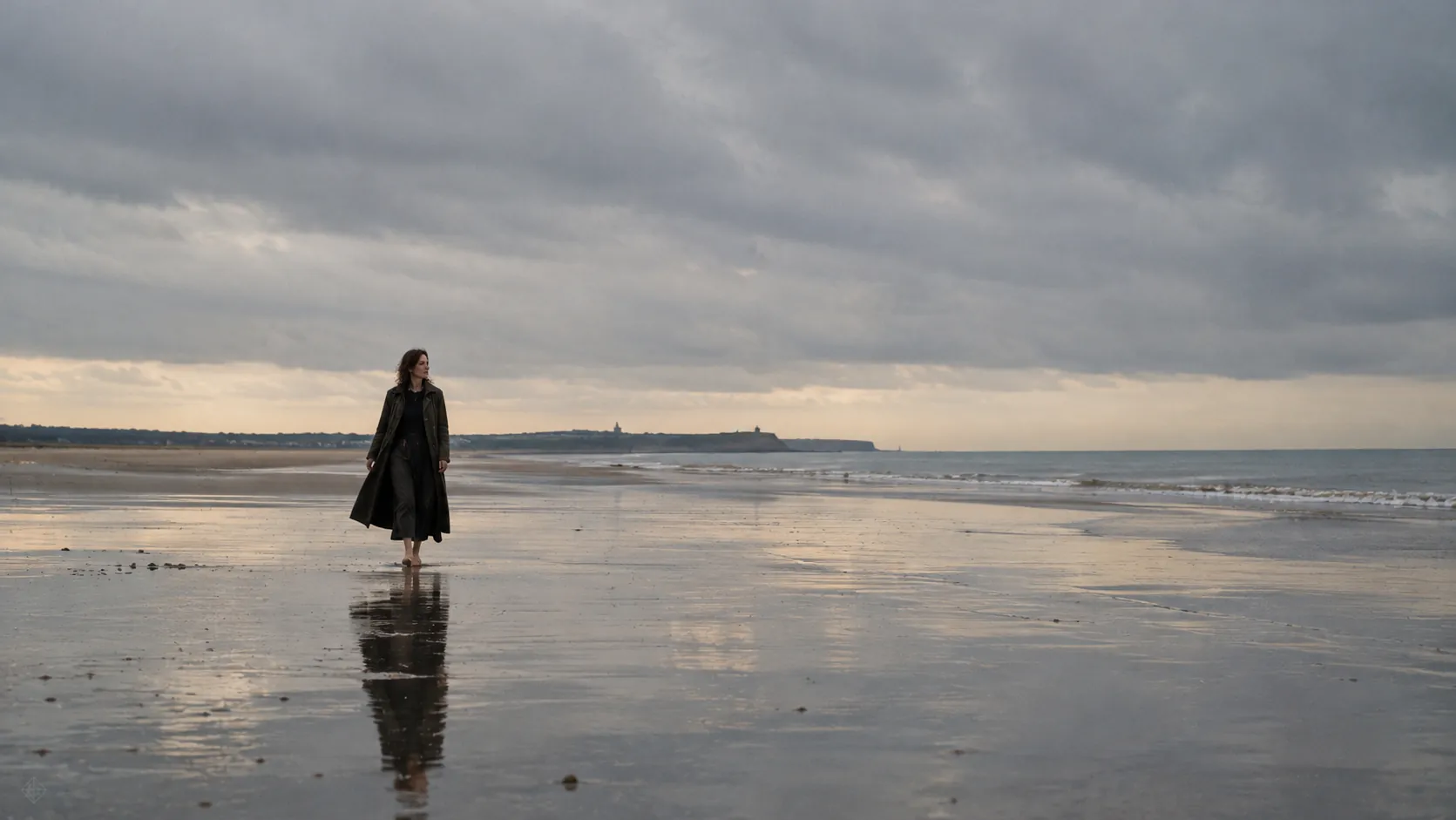 A lone figure on a beach at low tide