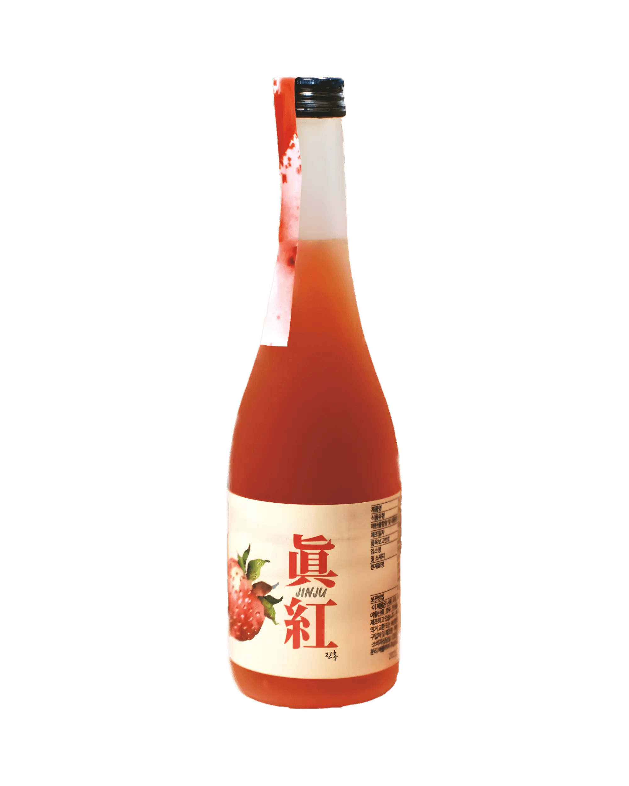 Bottle of red Korean fruit wine with a label featuring Hanja text and images of strawberries. Jinju Strawberry (Ddalgi) Wine - Good Tomorrow Brewery - cult.