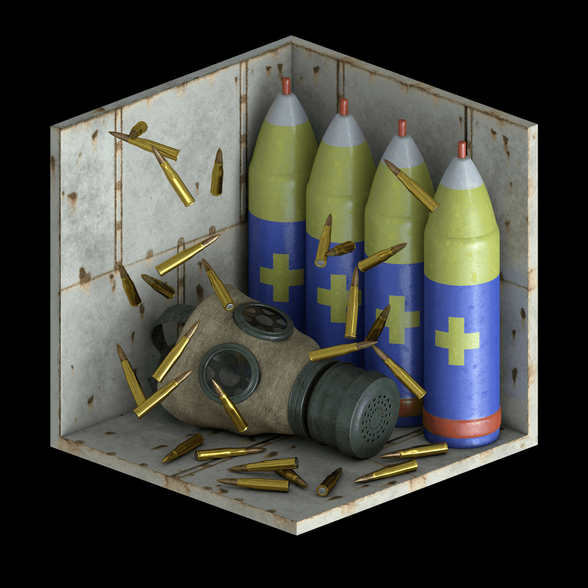 3D graphic of a gas mask, mustard gas canisters, and K bullets.