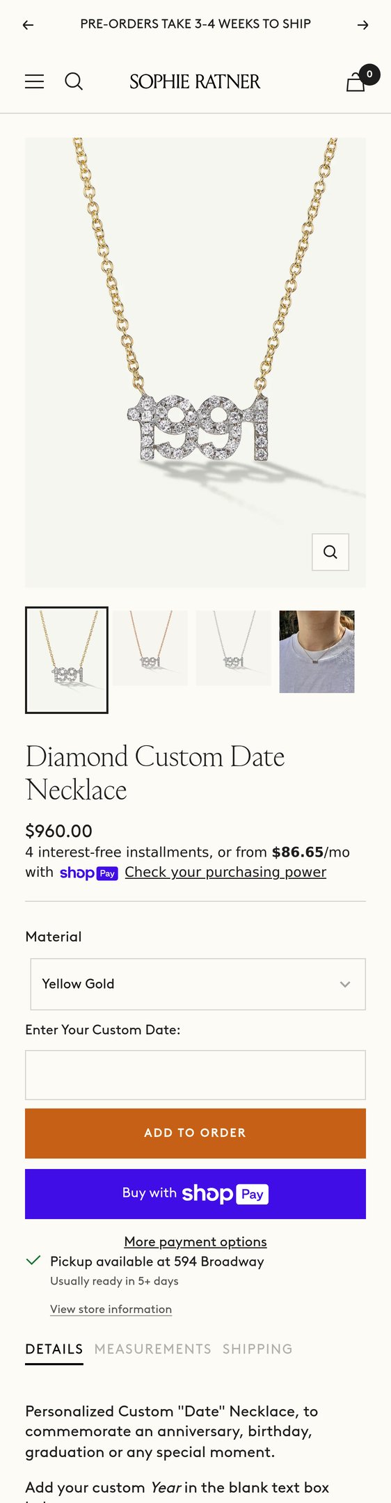 Jewelry product options include: necklace, chain for Diamond Custom Date Necklace from Sophie Ratner Jewelry.