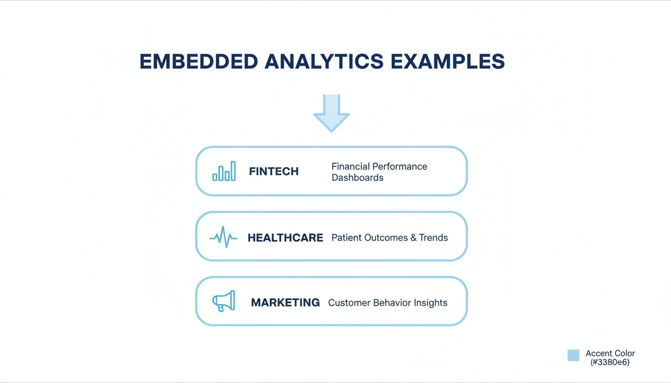 Diagram illustrating embedded analytics examples across Fintech, Healthcare, and Marketing industries.