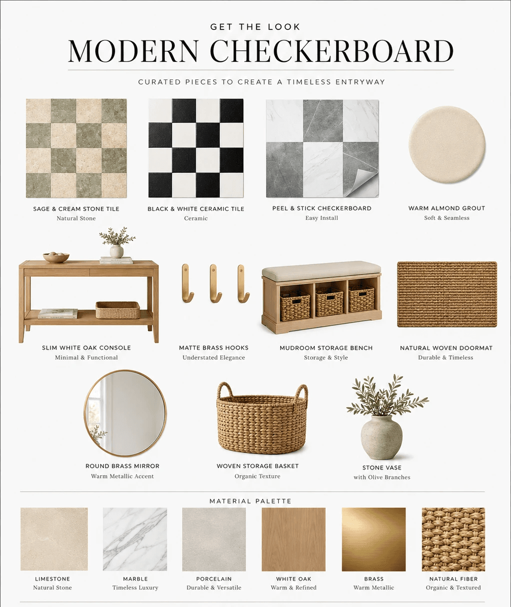 Interior design sourcing board showcasing products for a modern checkerboard entryway, including stone and ceramic checkerboard tile options, peel-and-stick flooring, white oak furniture, brass hooks, woven baskets, a round mirror, and natural material samples.