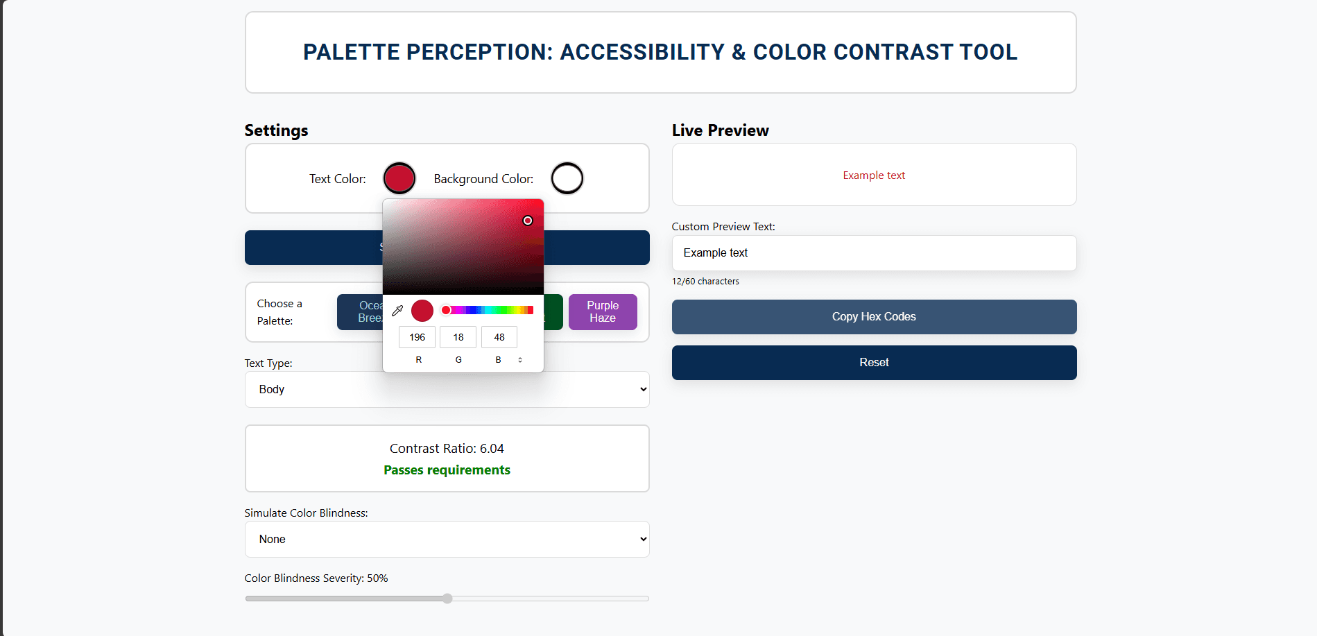 Palette Perception platform with live preview using: Carnegie Red for text color, white for background color, body text sizing, and text "Example text"