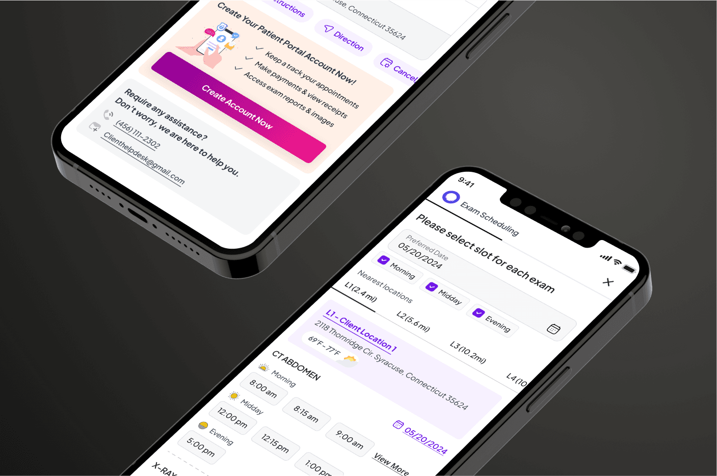 Mockup of two mobile showcasing ui screens of redesigned patient portal project.