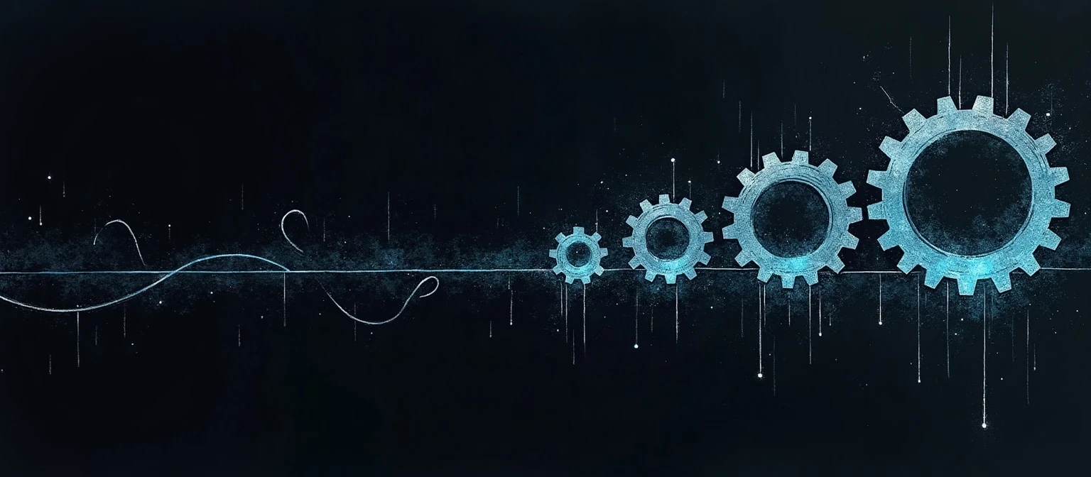 An ink illustration of four interlocking gears of increasing size connected by a flowing teal-cyan line, growing larger and brighter from left to right, representing how research, personalization, and sequencing compound to boost B2B outbound pipeline.
