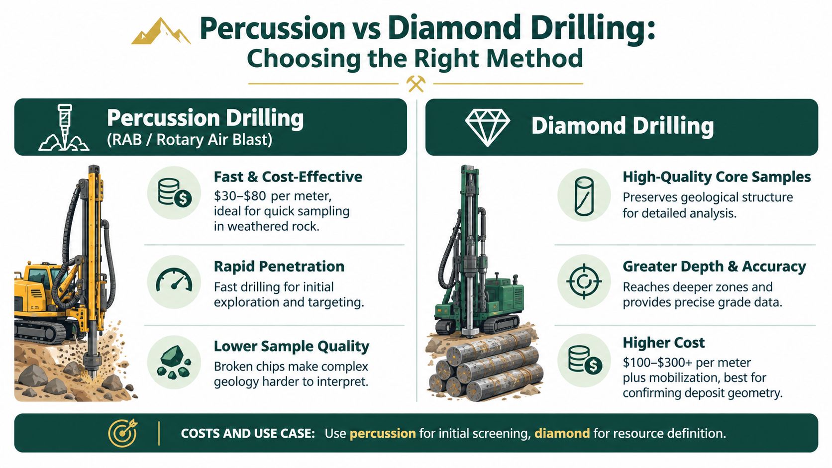 An infographic comparing percussion drilling and diamond drilling methods for geological exploration, detailing costs and use cases.