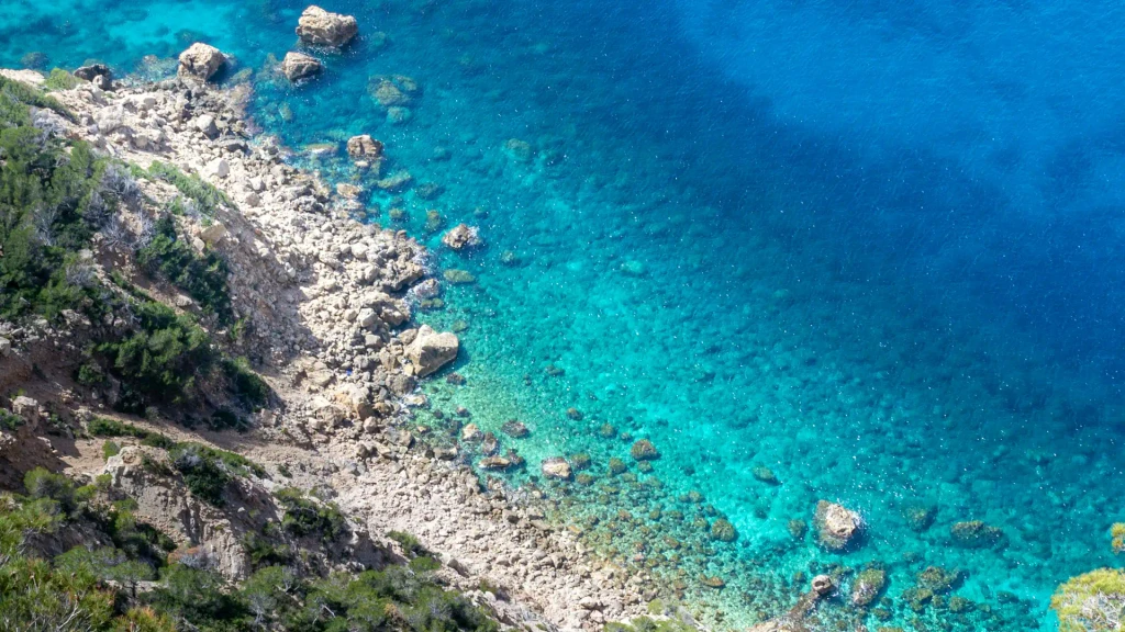 A turquoise rocky coast seen from above