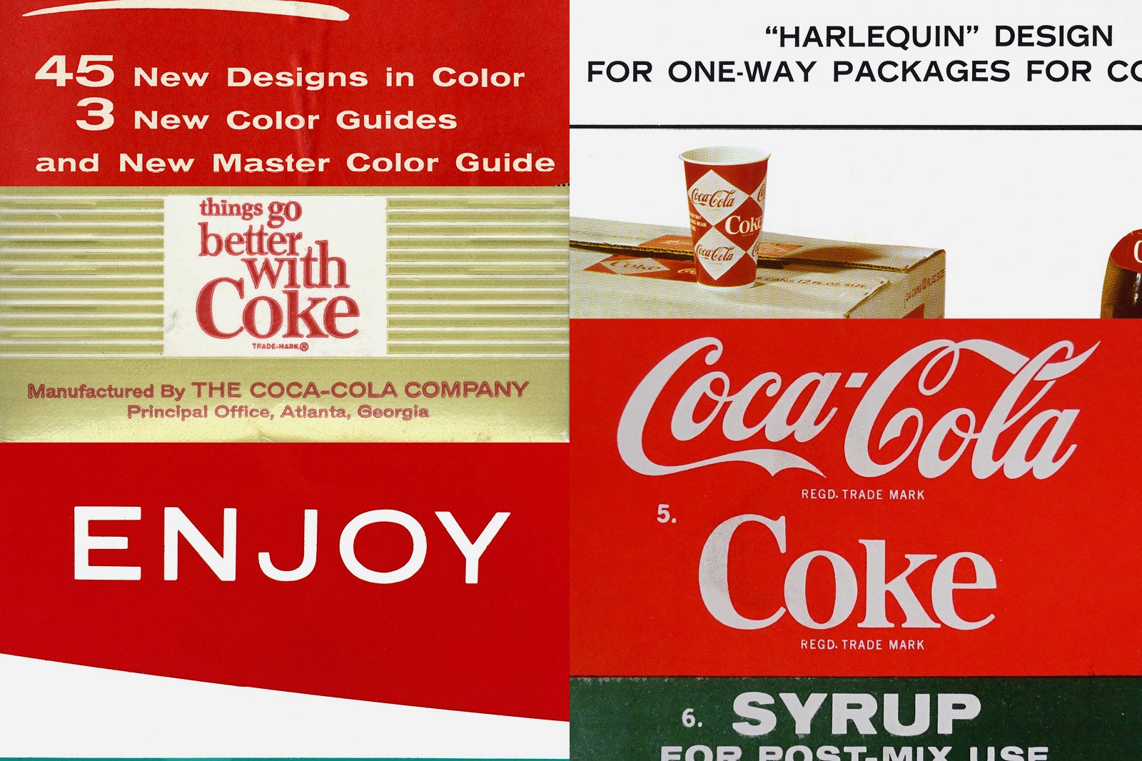 Vintage Coca-Cola packaging designs, featuring Harlequin pattern, color guides, and branding elements, showcasing the company's classic logo, typography, and advertising materials.