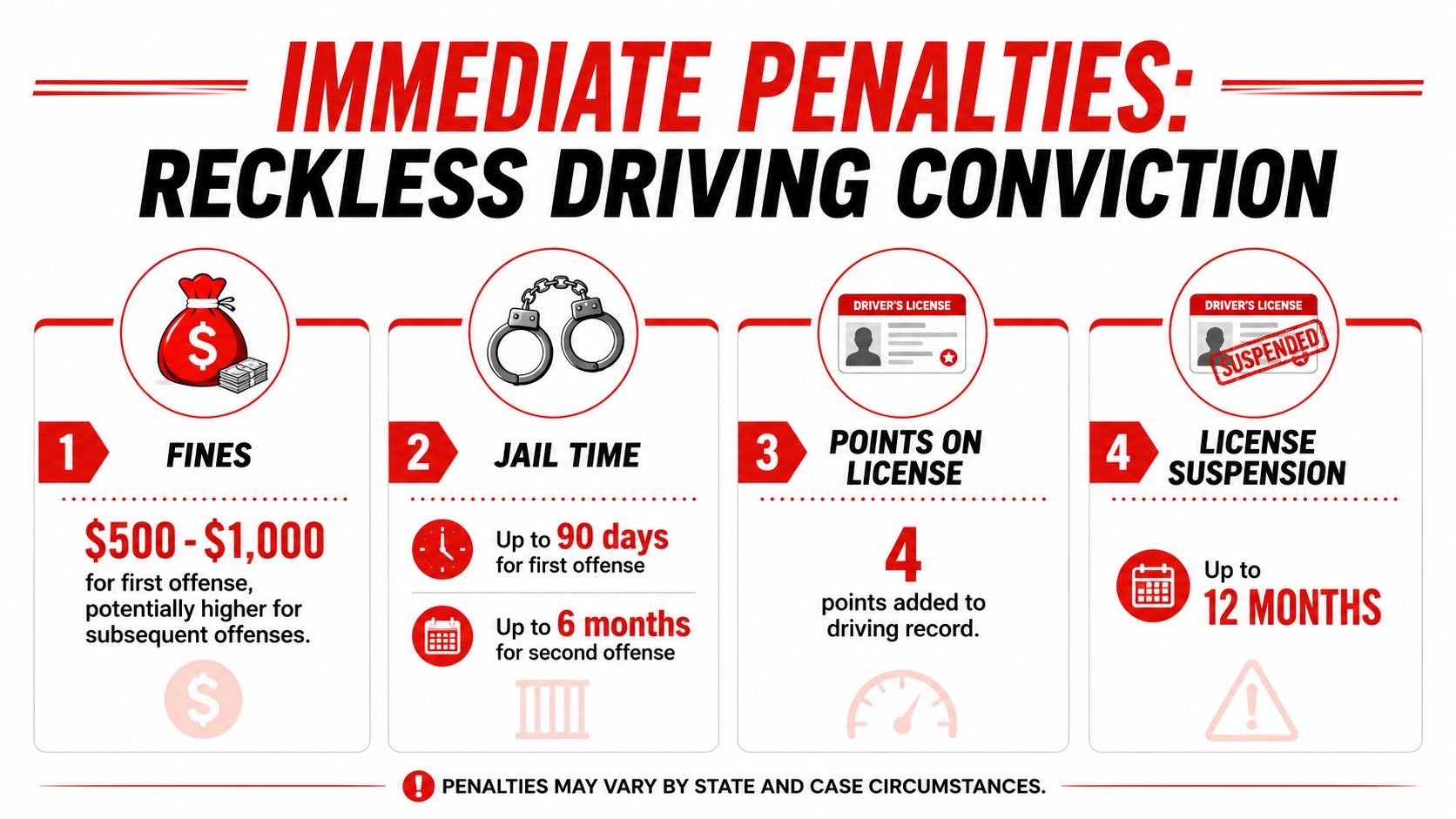 An infographic detailing immediate legal penalties for a reckless driving conviction including fines, jail, and license suspension.