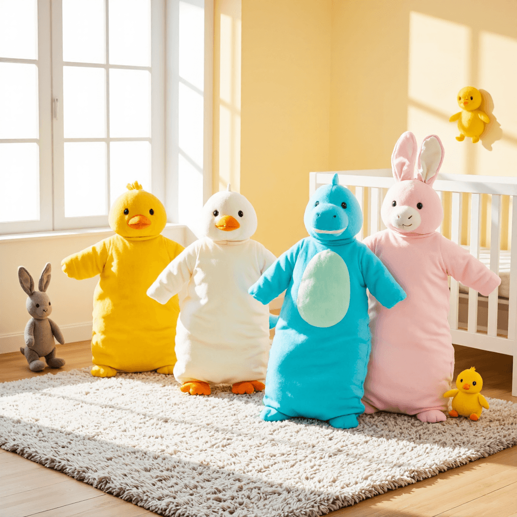 product photography of a set of children's sleeping bags with animal designs