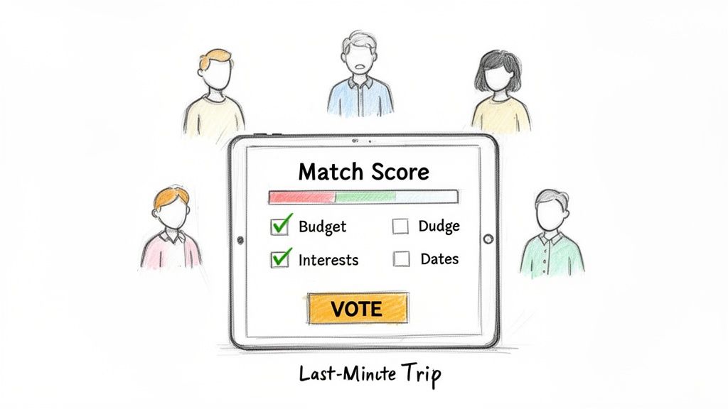 Illustration of five people planning a last-minute trip using a tablet with a 'Match Score' interface.