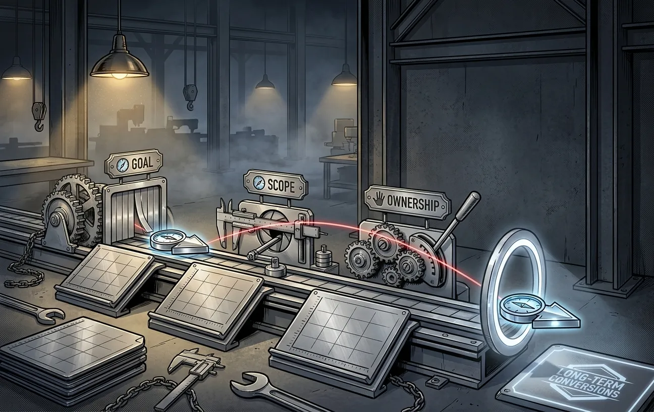Industrial-themed digital marketing process by RockN' Socials agency.