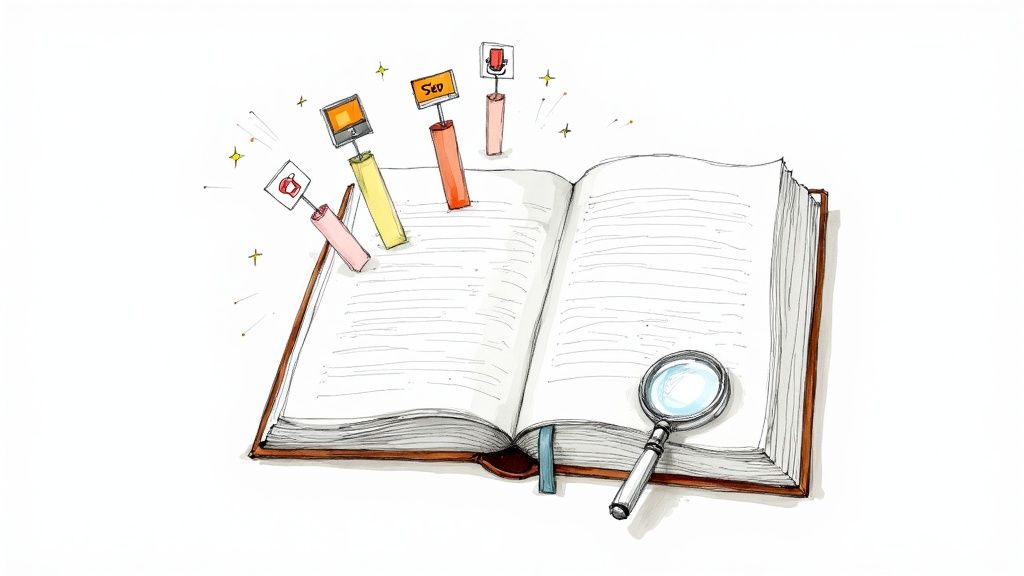 Open book with colorful markers representing digital marketing, SEO, and media research.