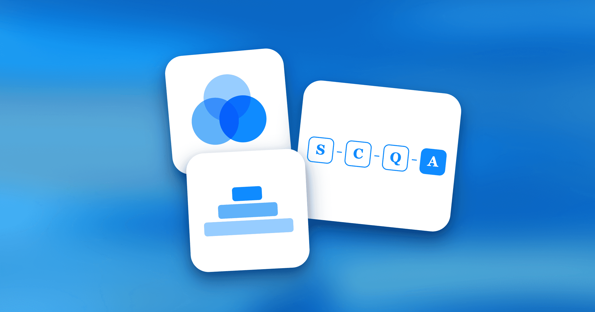 Three white rounded tiles tilted on a soft blue background, each showing a McKinsey thinking framework: a Venn diagram of three overlapping blue circles (MECE), four connected lettered squares spelling S–C–Q–A, and a three-tier pyramid in shades of blue.