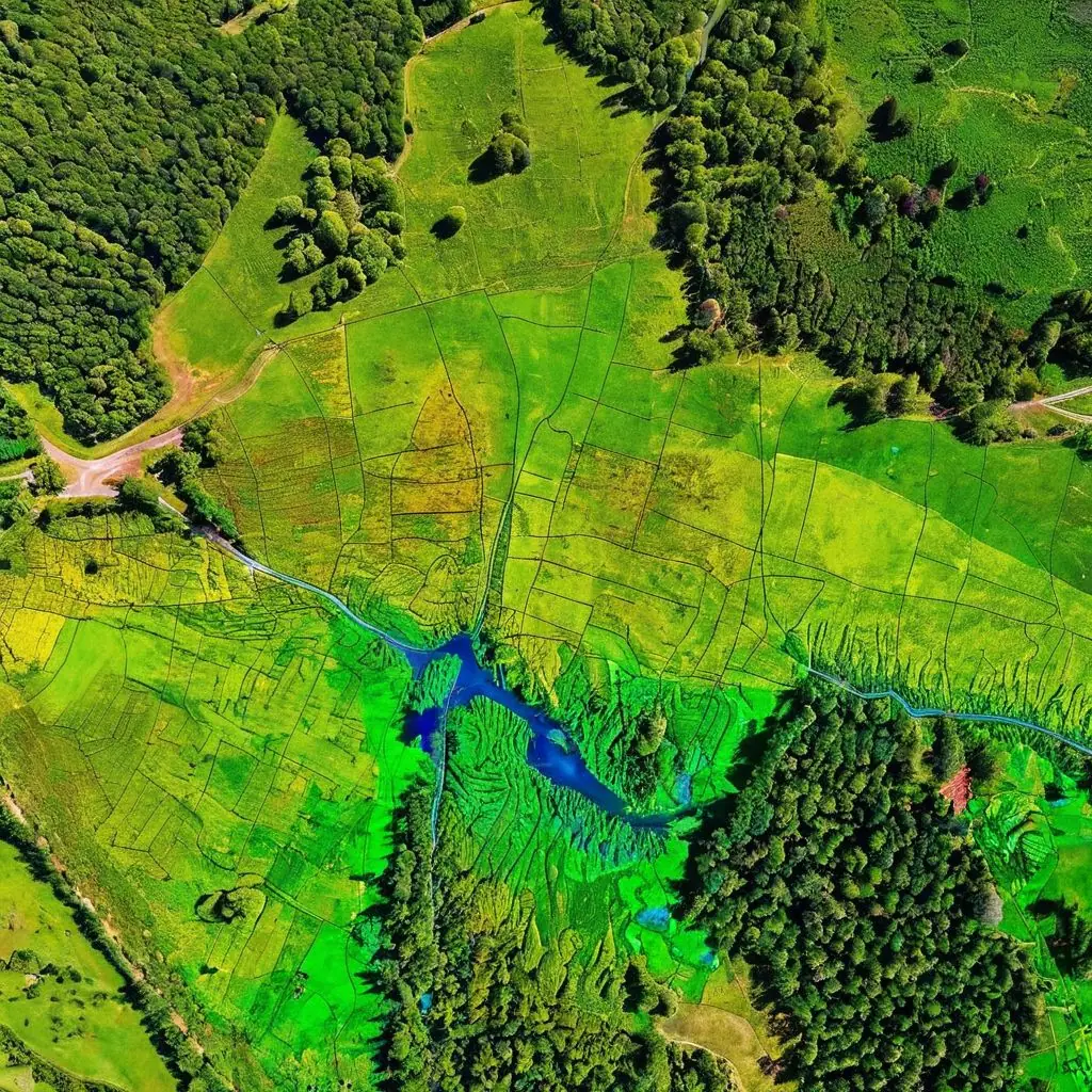 Aerial boundary survey view clearly showing property lines, field divisions, and natural water features in a rural landscape