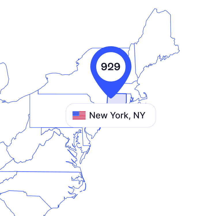 US map of 929 area code phone numbers and its coverage region