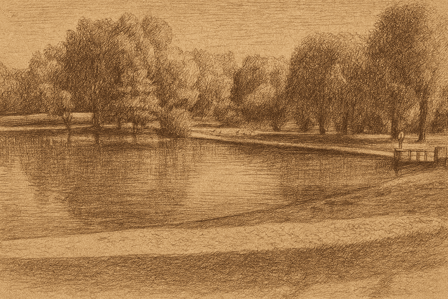 View across lake with trees in background in am old drawing style