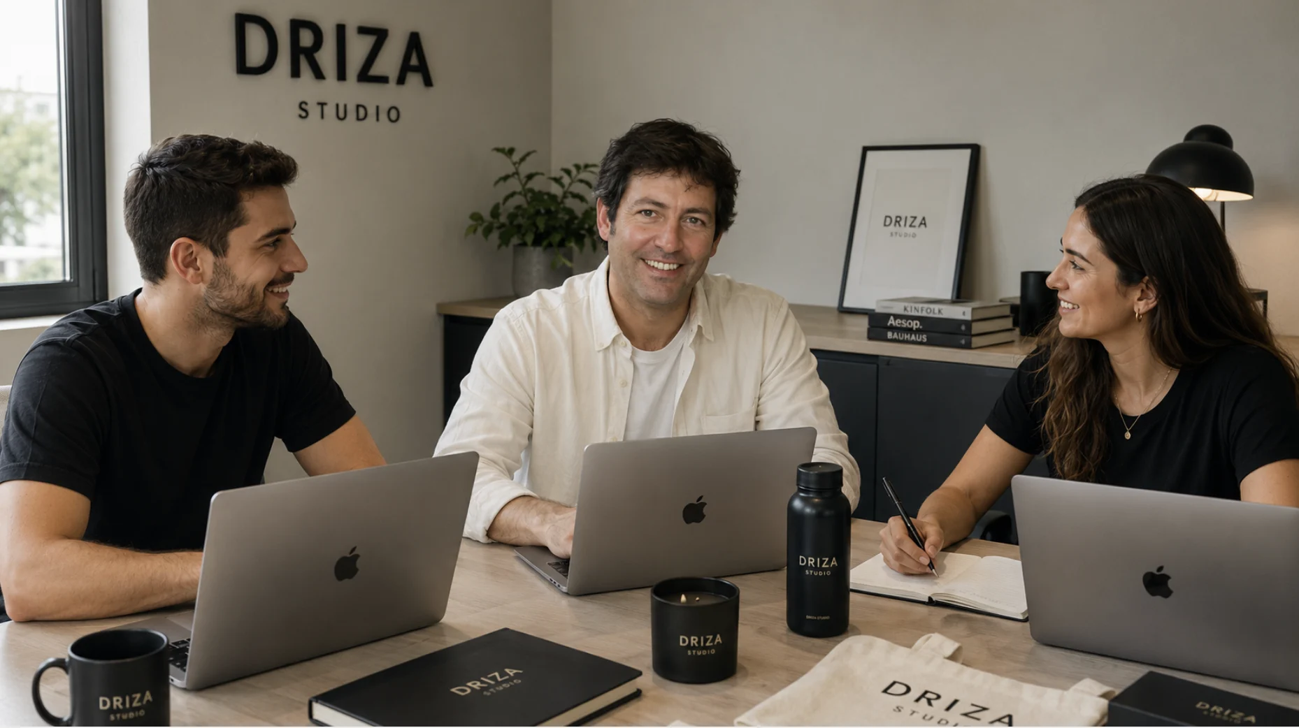 Equipo de Driza Studio reunido diseñando proyectos de merchandising y regalos corporativos personalizados